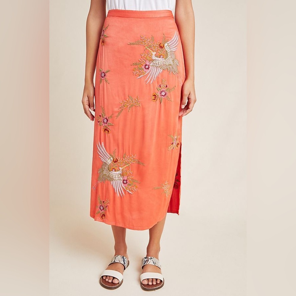 Anthropologie Maeve Crane-Embroidered Coral Skirt